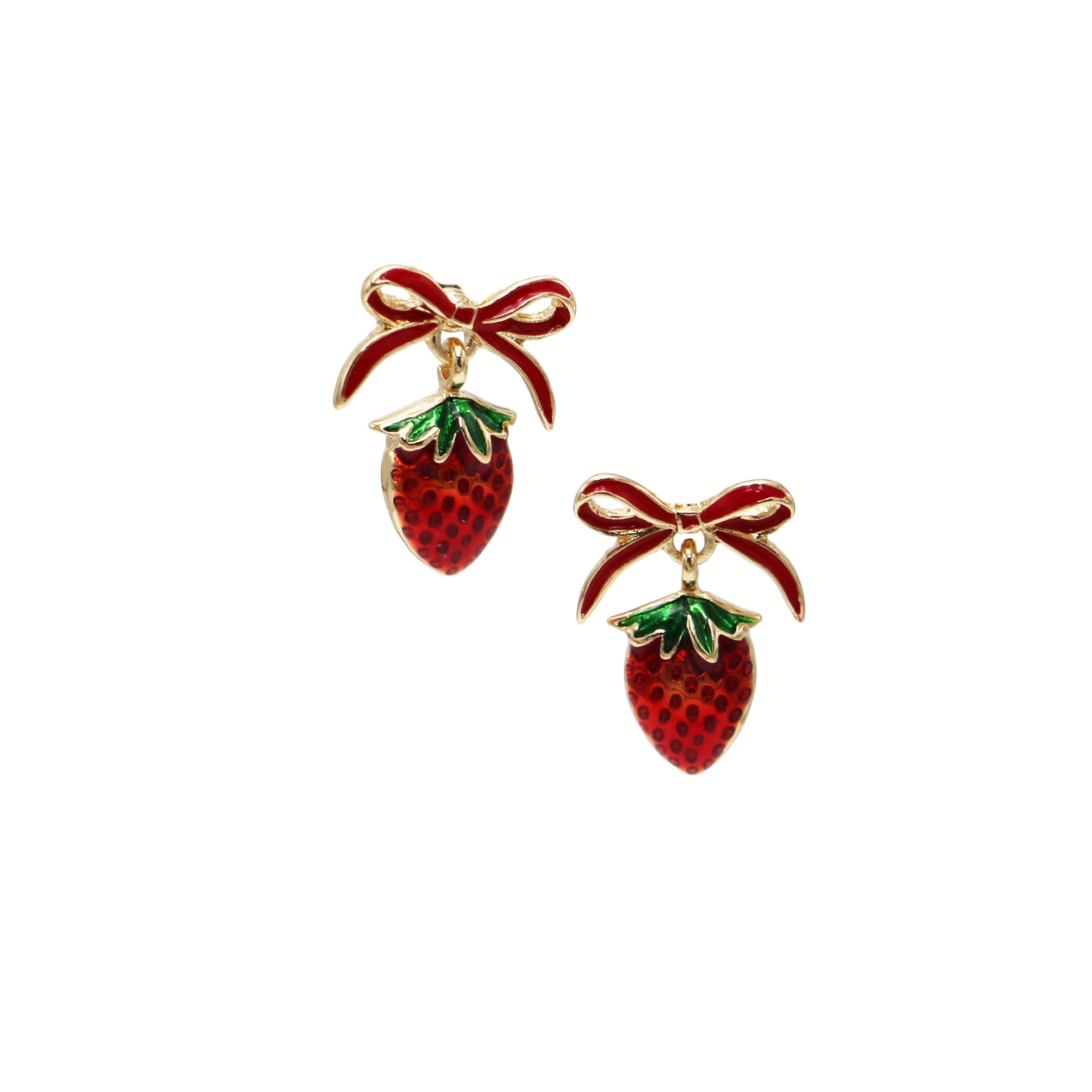Strawberry Drop Earrings with Red Bow, Gold Tone Metal Alloy, 0.7" x 0.8", Hypoallergenic Titanium Post