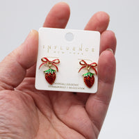 Strawberry Drop Earrings with Red Bow, Gold Tone Metal Alloy, 0.7" x 0.8", Hypoallergenic Titanium Post