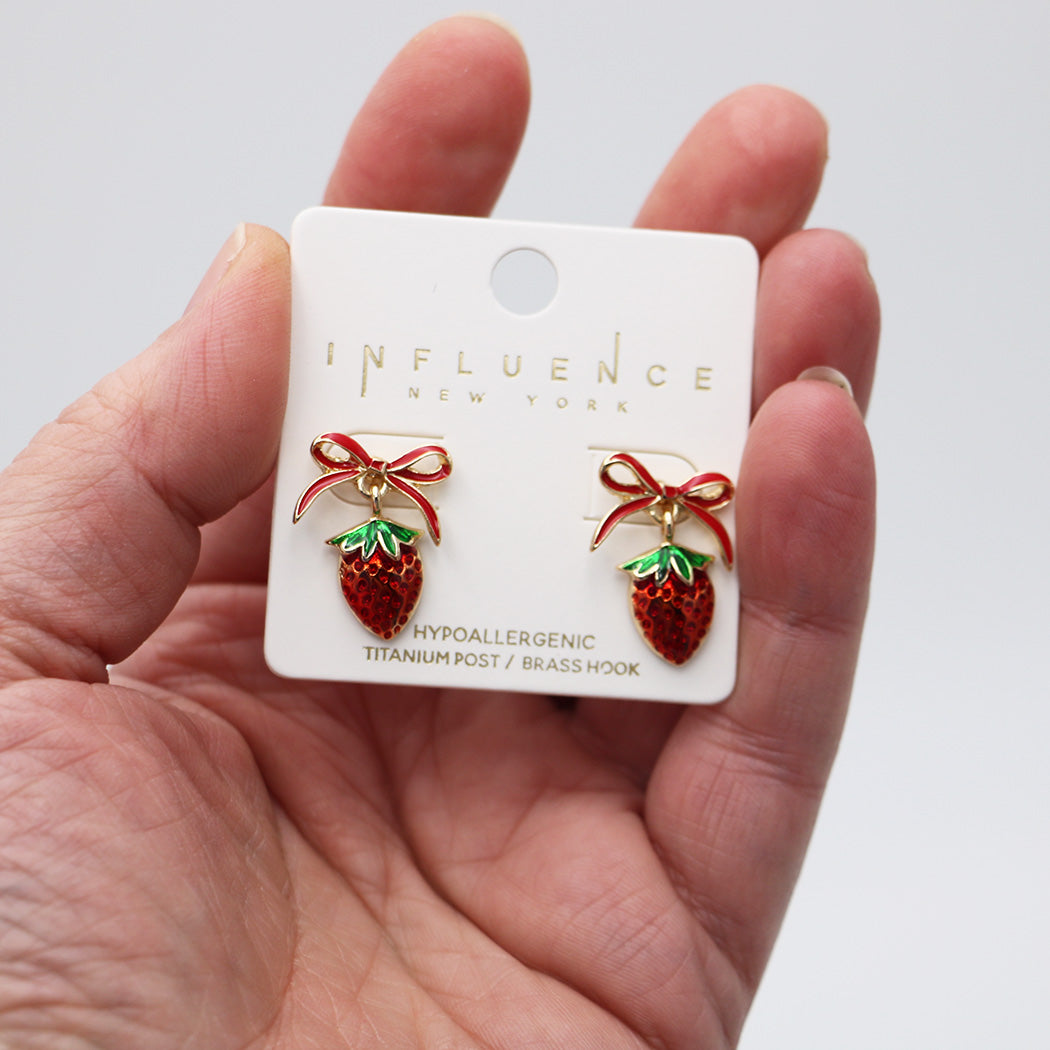 Strawberry Drop Earrings with Red Bow, Gold Tone Metal Alloy, 0.7" x 0.8", Hypoallergenic Titanium Post