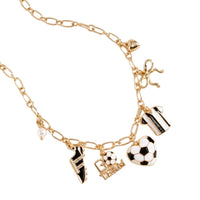 Gold Tone Sports Charm Necklace with Bow, Pearl, Ball, 16-19 Inch with 3 Inch Extension (Soccer Black and Gold)
