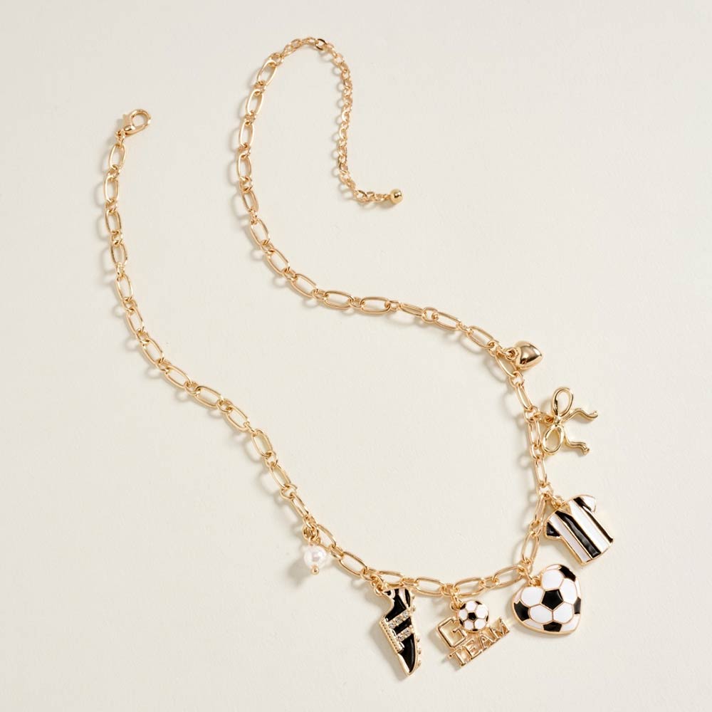 Gold Tone Sports Charm Necklace with Bow, Pearl, Ball, 16-19 Inch with 3 Inch Extension (Soccer Black and Gold)