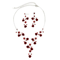 Elegant Crystal Rhinestone And Metal Relief Rose Statement Necklace Earrings Set 14.5"+4" Extender (Red)