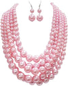 5 Colorful Multi Strands Simulated Pearl Bib Necklace And Earrings Jewelry Set, 16"+3" Extender