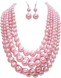 5 Colorful Multi Strands Simulated Pearl Bib Necklace And Earrings Jewelry Set, 16"+3" Extender