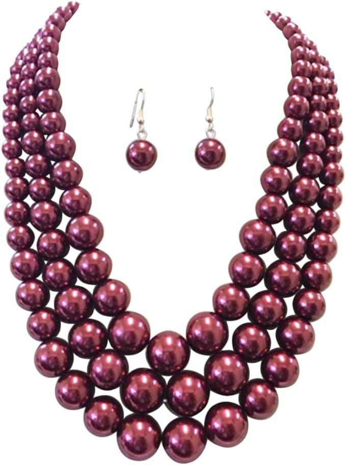 Women's 3 Colorful Multi Strands Simulated Pearl Necklace And Earrings Jewelry Gift Set, 18"+3" Extender