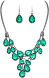 Stunning Teardrop Crystal Statement Bib Necklace Earrings Set, 13"+3" Extender (Emerald Green)