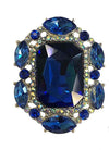Statement Emerald Cut Glass Crystal Stretch Cocktail Ring (Royal Blue Crystal Silver Tone)
