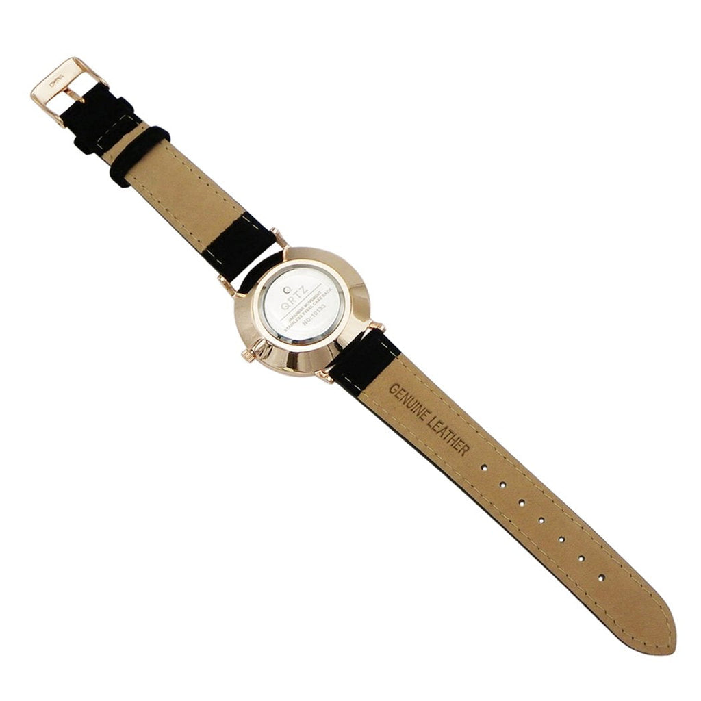 Genuine Leather Mother of Pearl Fashion Watch (Black/Rose Gold)