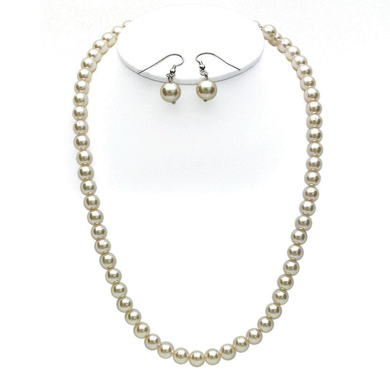 Elegant Glass Simulated Pearl Strand Necklace Earrings Set