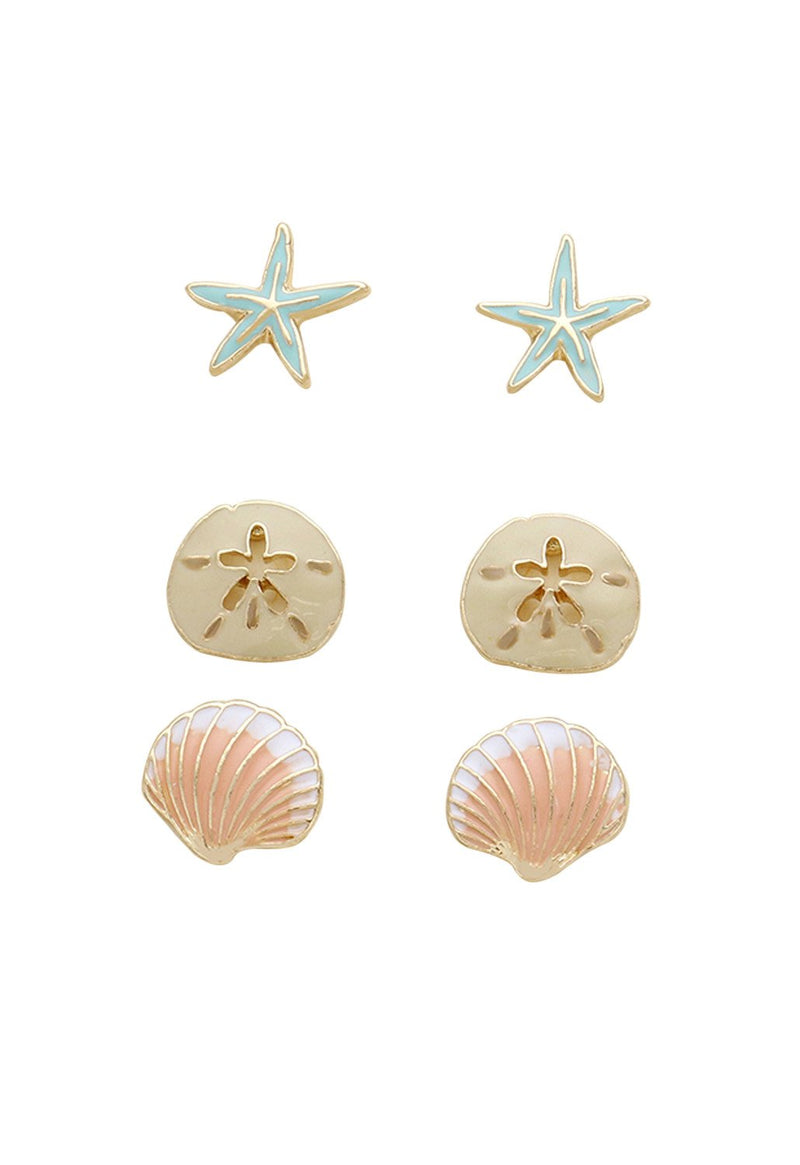 Beach Stud Earrings Set of 3 "Starfish Sand Dollar Shell"