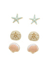 Beach Stud Earrings Set of 3 "Starfish Sand Dollar Shell"