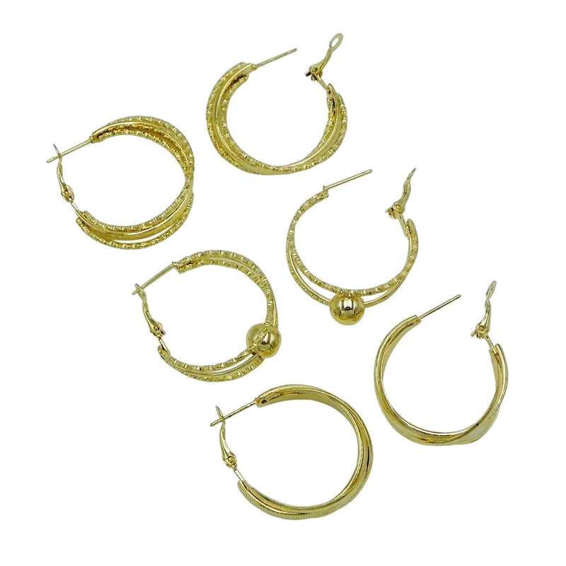 Set of 3 Twisted and Textured Metal Hoop Earring (Gold Tone)