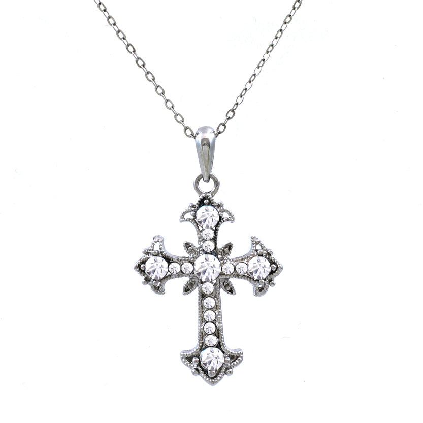 Stunning Jet Black Glass Crystal Cross Pendant Necklace, 18"-21" with 3" Extender (Clear Crystal)