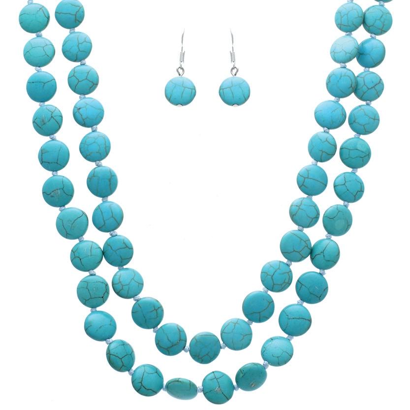Beautiful Western Inspired Turquoise Howlite Knotted 12mm Flat Bead Necklace Strand And Dangle Earrings Set, 48"