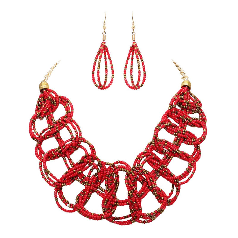 Boho Style Seed Bead Bib Necklace Set (Red)