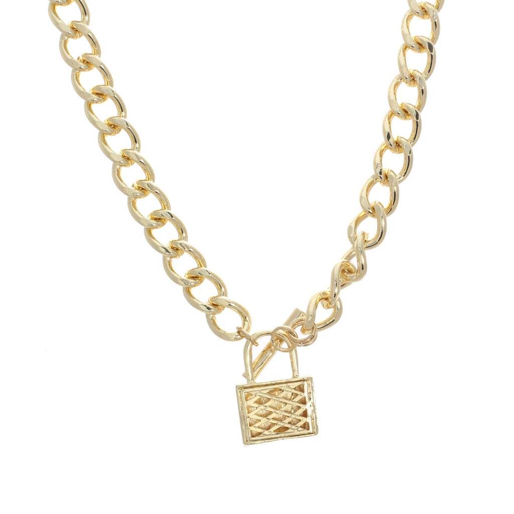 Stunning Polished Gold Tone Chunky Curb Link Chain with Lock Charm Toggle Clasp Collar Necklace, 18"