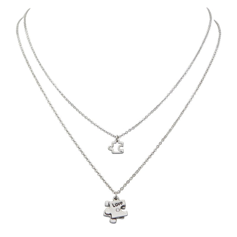 Set of 2 Polished Metal With Crystal Rhinestone Autism Awareness Puzzle Piece Charm Necklaces, (Silver Tone)16"-19" & 18"-21" with the 3" Extender