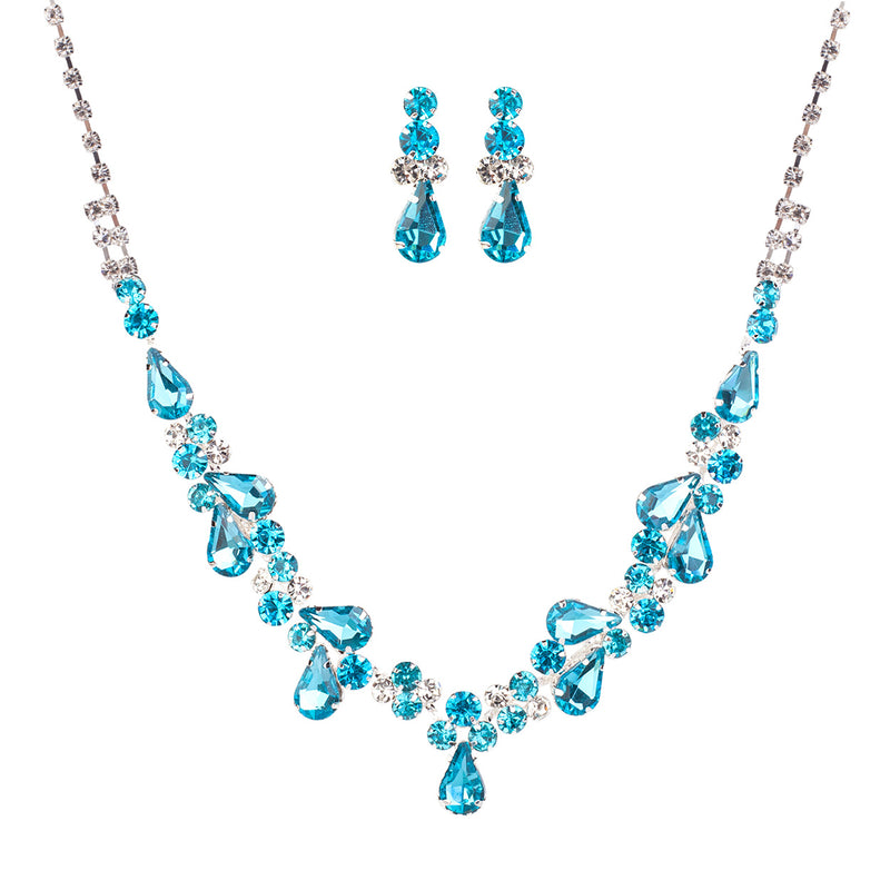 Women's Rhinestone Teardrop Statement Necklace Hypoallergenic Drop Earrings Set, 15"-21" with 6" Extender (Aqua Blue Silver Tone)