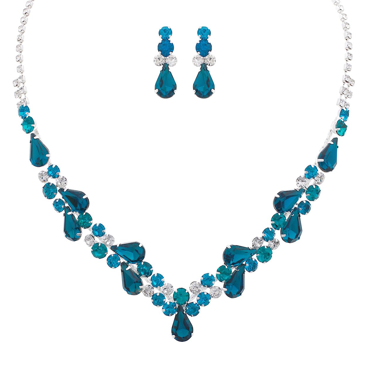 Women's Rhinestone Teardrop Statement Necklace Hypoallergenic Drop Earrings Set, 15"-21" with 6" Extender (Blue Zircon)