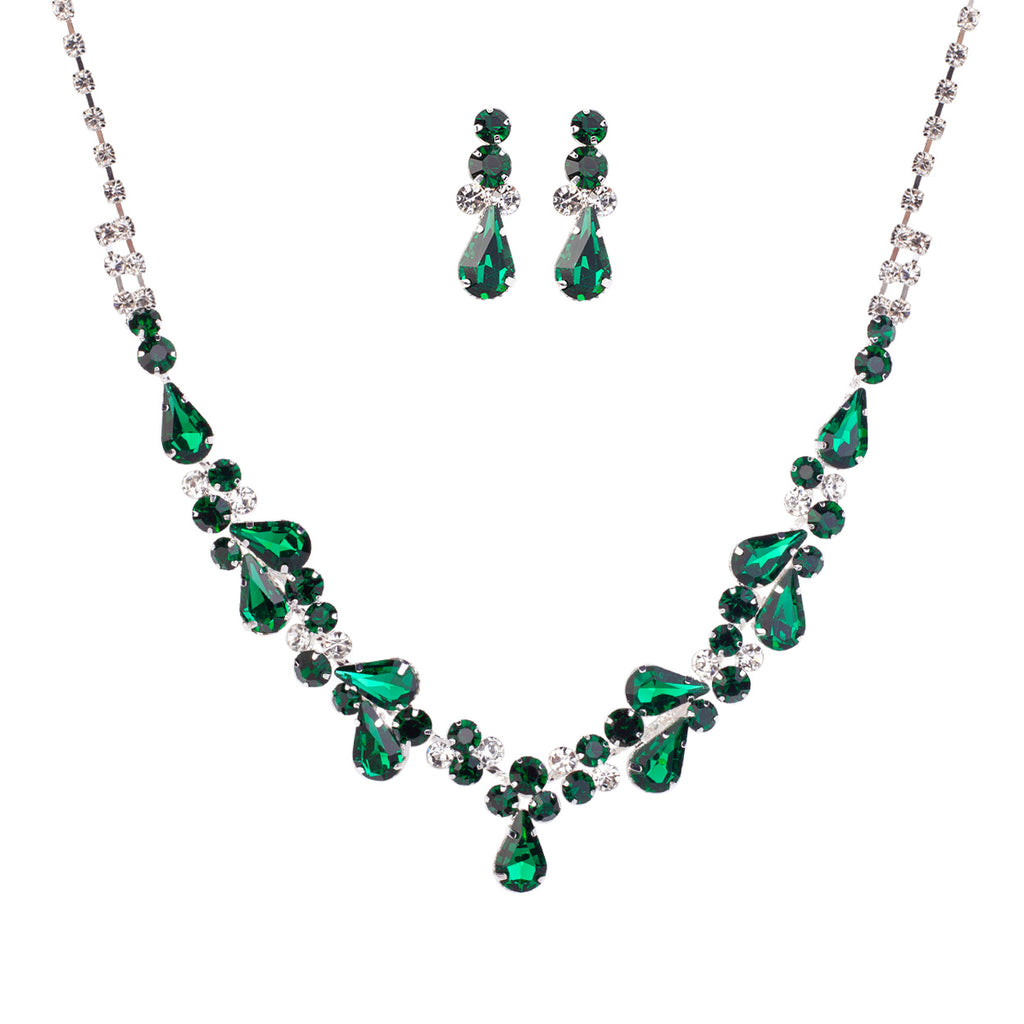 Women's Rhinestone Teardrop Statement Necklace Hypoallergenic Drop Earrings Set, 15"-21" with 6" Extender (Emerald Green Silver Tone)