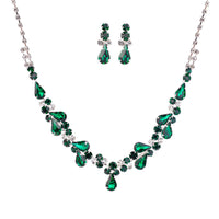Women's Rhinestone Teardrop Statement Necklace Hypoallergenic Drop Earrings Set, 15"-21" with 6" Extender (Emerald Green Silver Tone)