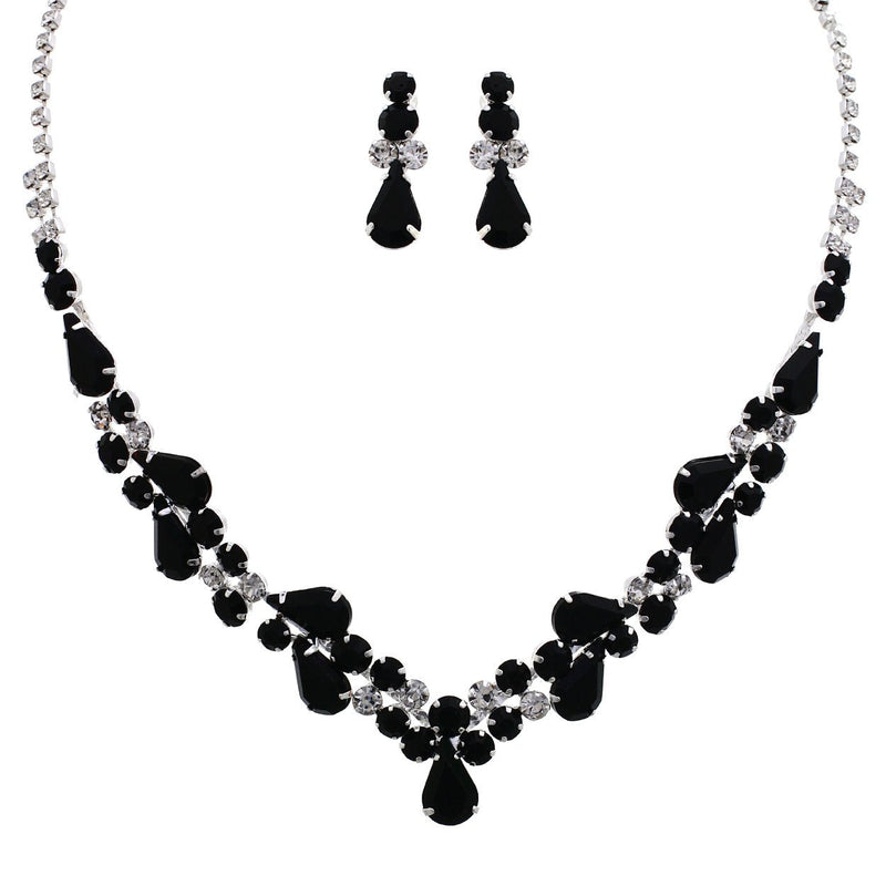 Stunning Rhinestone Crystal Teardrop Statement Necklace Hypoallergenic Drop Earrings Set, 15"+6" Extender (Jet Black Silver Tone)