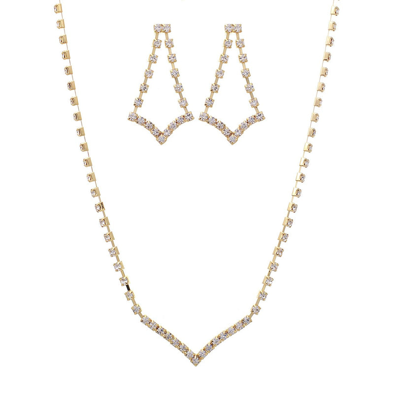 Rhinestone Strand V Necklace Drop Earrings Jewelry Set