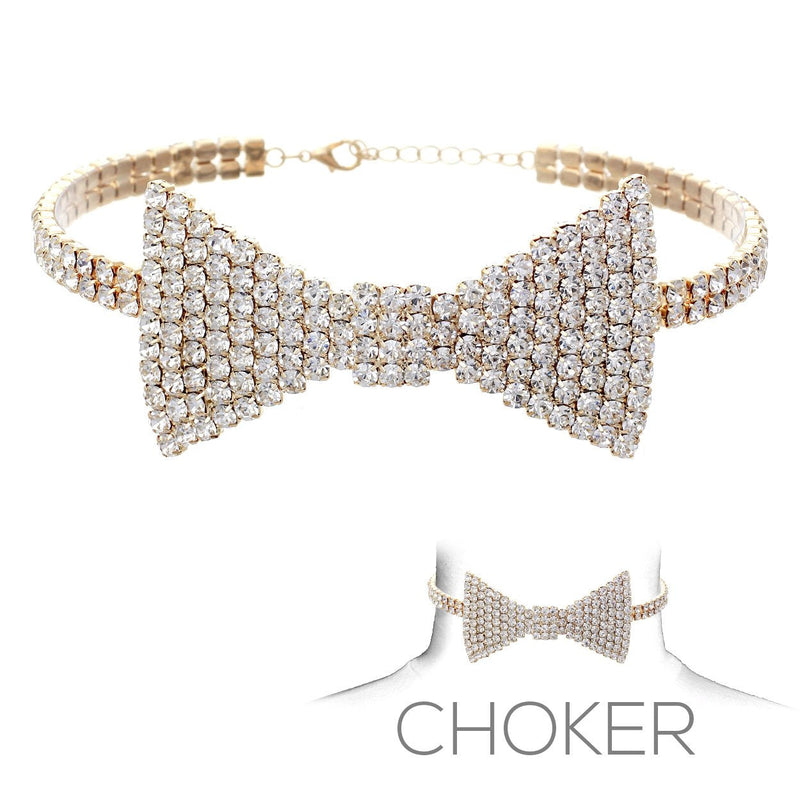 Fabulous Sparkling Crystal Choker Bow Tie Necklace, 12"+5" Extender (Clear Crystal Gold Tone)