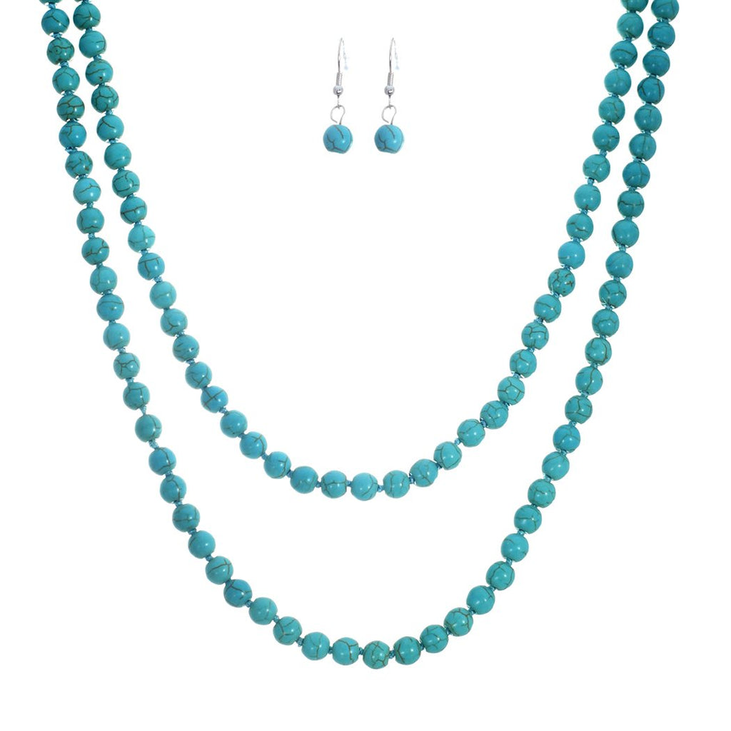 Beautiful Western Inspired Turquoise Howlite 8mm Knotted Bead Necklace Strand And Dangle Earrings Set, 60"