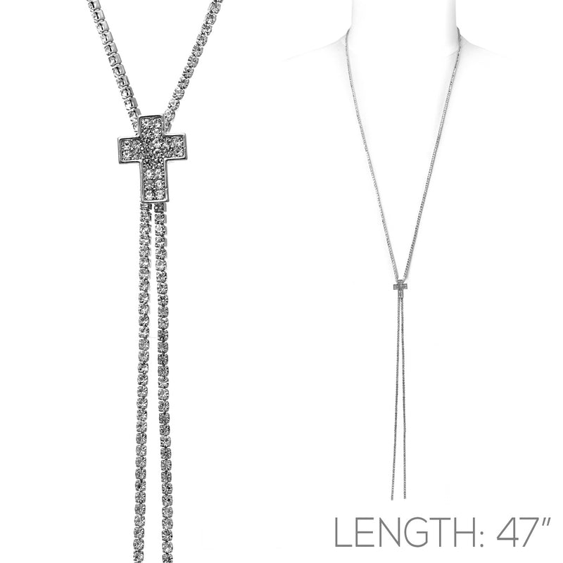 Stunning Lariat Slider Cross Crystal Necklace, 47"