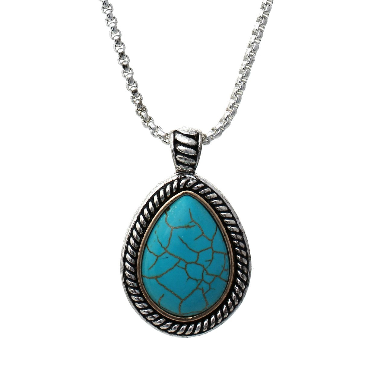 Western Style Natural Semi Precious Statement Turquoise Teardrop Howlite Stone Pendant Necklace, 18"-21" with 3" Extender