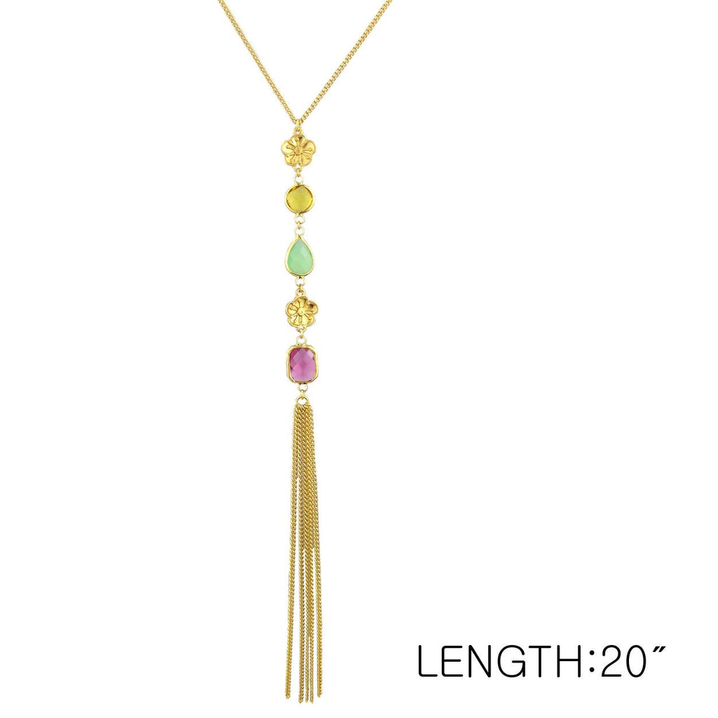 Rhinestone and Pastel Color Flower Tassel Long Necklace