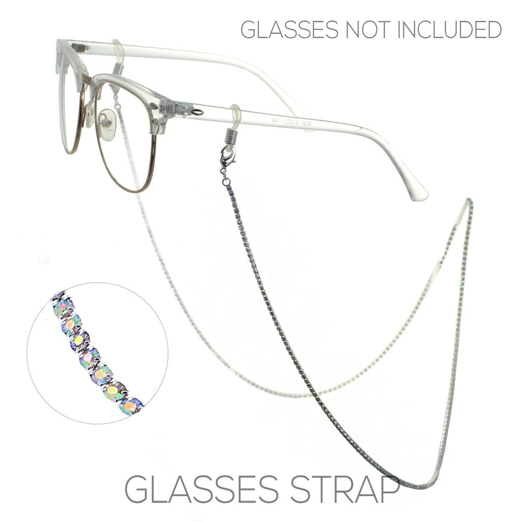 Elegant 2mm Crystal Rhinestone Strap Reader Eyeglass Face Mask Holder Necklace, 28.5" (AB Crystal in Silver Tone)