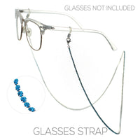 Elegant 2mm Crystal Rhinestone Strap Reader Eyeglass Face Mask Holder Necklace, 28.5" (Aqua Silver Tone)