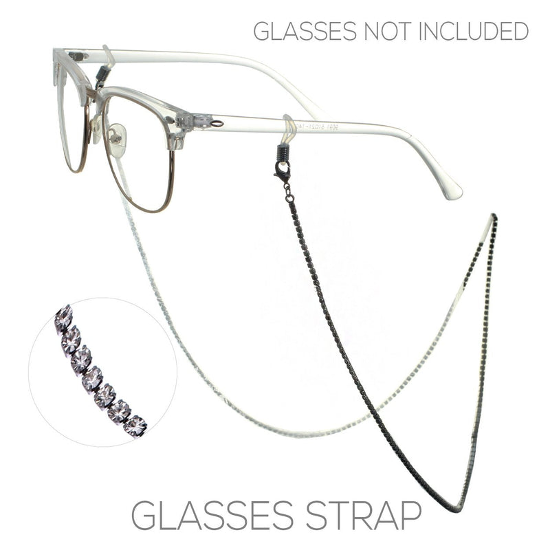 Elegant 2mm Crystal Rhinestone Strap Reader Eyeglass Face Mask Holder Necklace, 28.5" (Clear Crystal in Hematite)