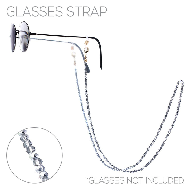 Colorful 2mm Faceted Glass Crystal Bead Reader Eyeglass Strap Face Mask Holder Necklace, 28" (Metallic Silver)