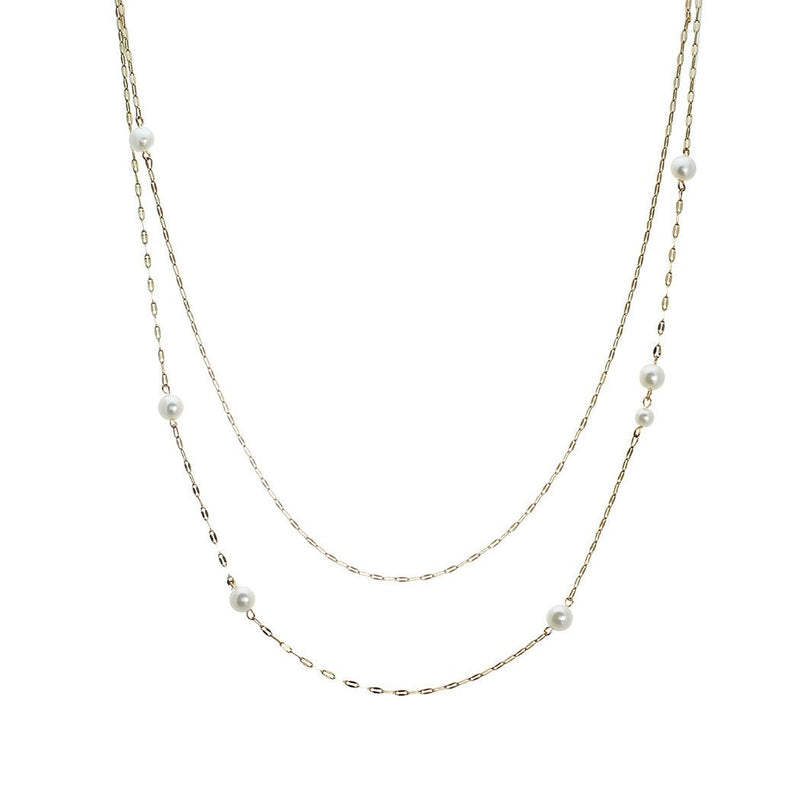 Mirror Flat Link Gold Tone 2 Strand Multi Chain Necklace With Simulated Pearls, 28"/32"+3" Extension