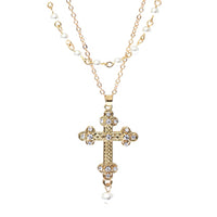 Cross And Simulated Pearls 2 Strand Multi Chain Necklace,16"+3" Extension (Budded Cross Double Strand)