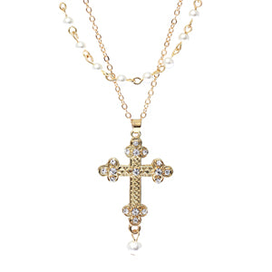 Cross And Simulated Pearls 2 Strand Multi Chain Necklace,16"+3" Extension (Budded Cross Double Strand)