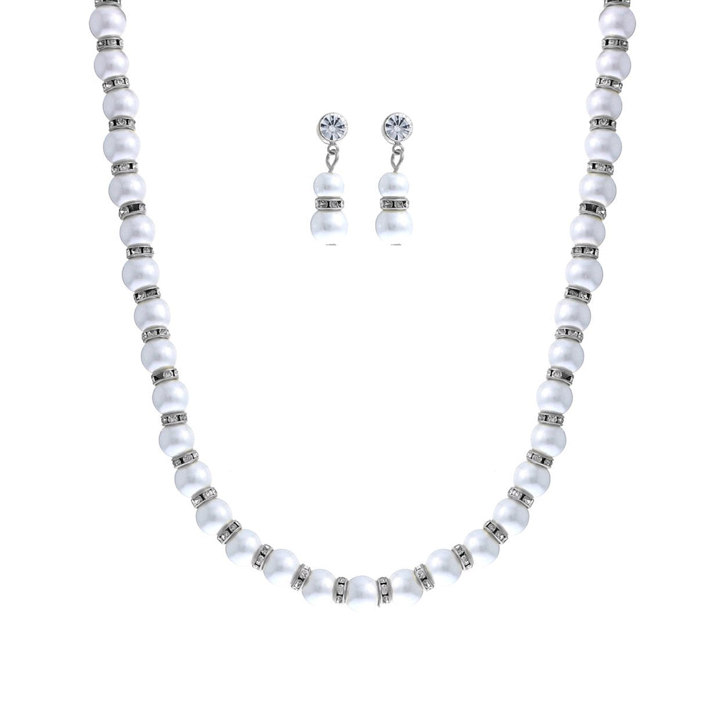 Classic Simulated Pearl And Crystal Rhinestone Bridal Necklace With Hypo Allergenic Earrings Set 16"-19", 18"-21" with 3" extender (Silver Tone, 8)