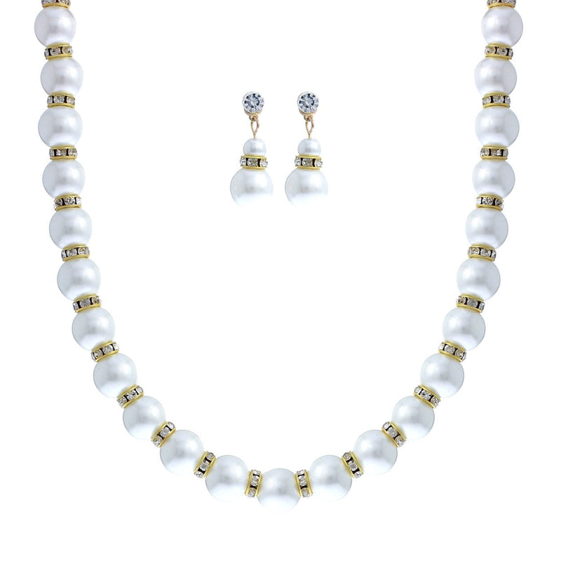 Classic Simulated Pearl And Crystal Rhinestone Bridal Necklace With Hypo Allergenic Earrings Set 16"-19", 18"-21" with 3" extender (Gold Tone, 12)