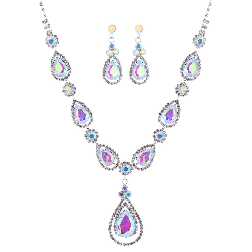 Crystal Rhinestone Teardrop Bridal Necklace and Earrings Set (AB