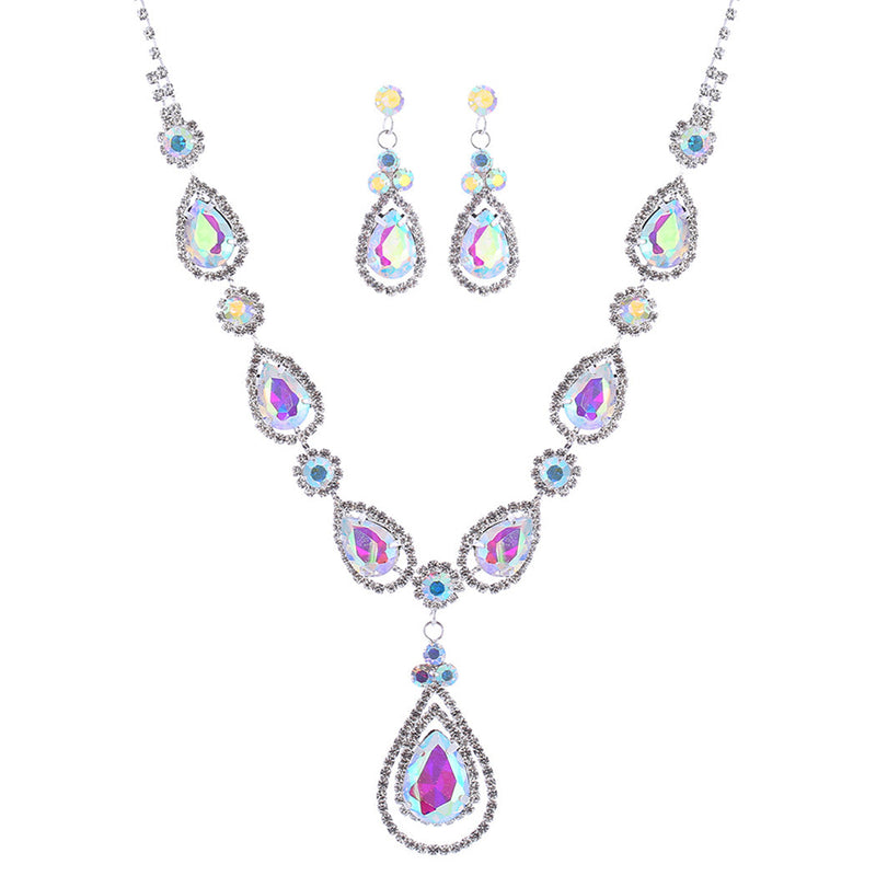 Crystal Rhinestone Teardrop Bridal Necklace and Earrings Set (AB Crystal)