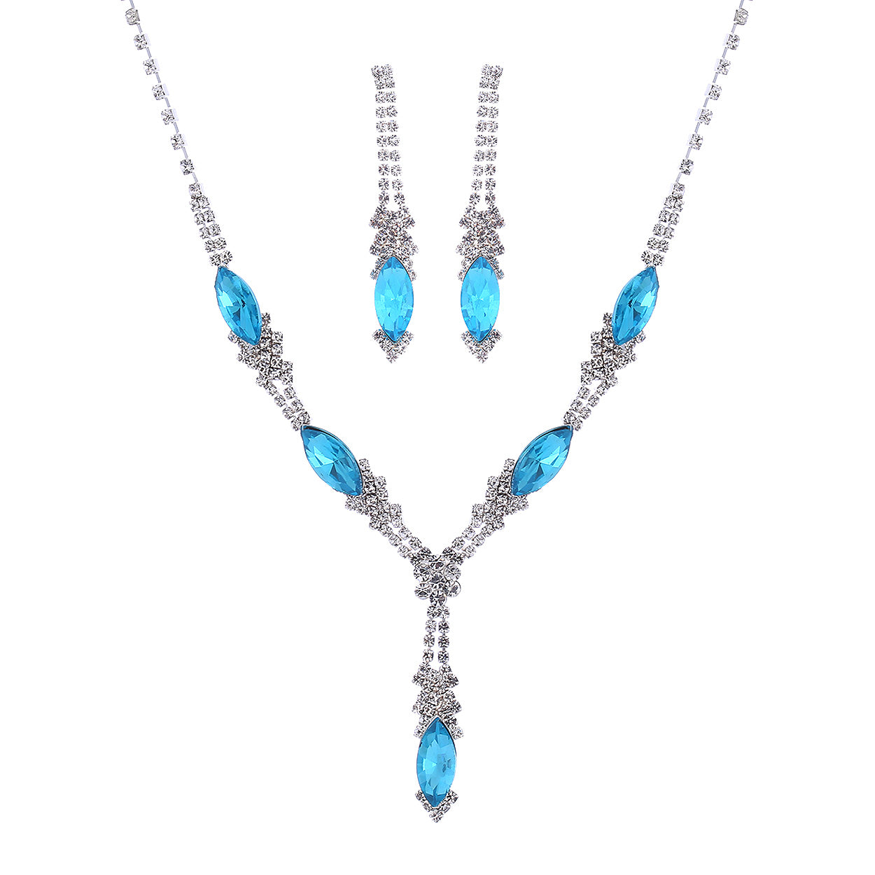 Crystal Rhinestone Marquise Bridal Necklace and Earrings Set (Blue Zircon)