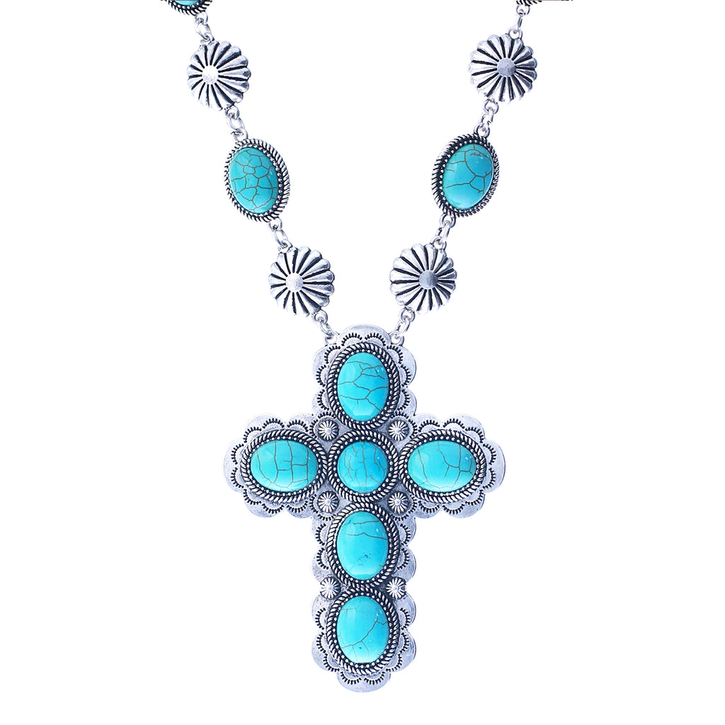 Cowgirl Chic Statement Western Semi Precious Howlite Stone Christian Cross Collar Necklace,16"-19" with 3" Extension (Turquoise Blue)