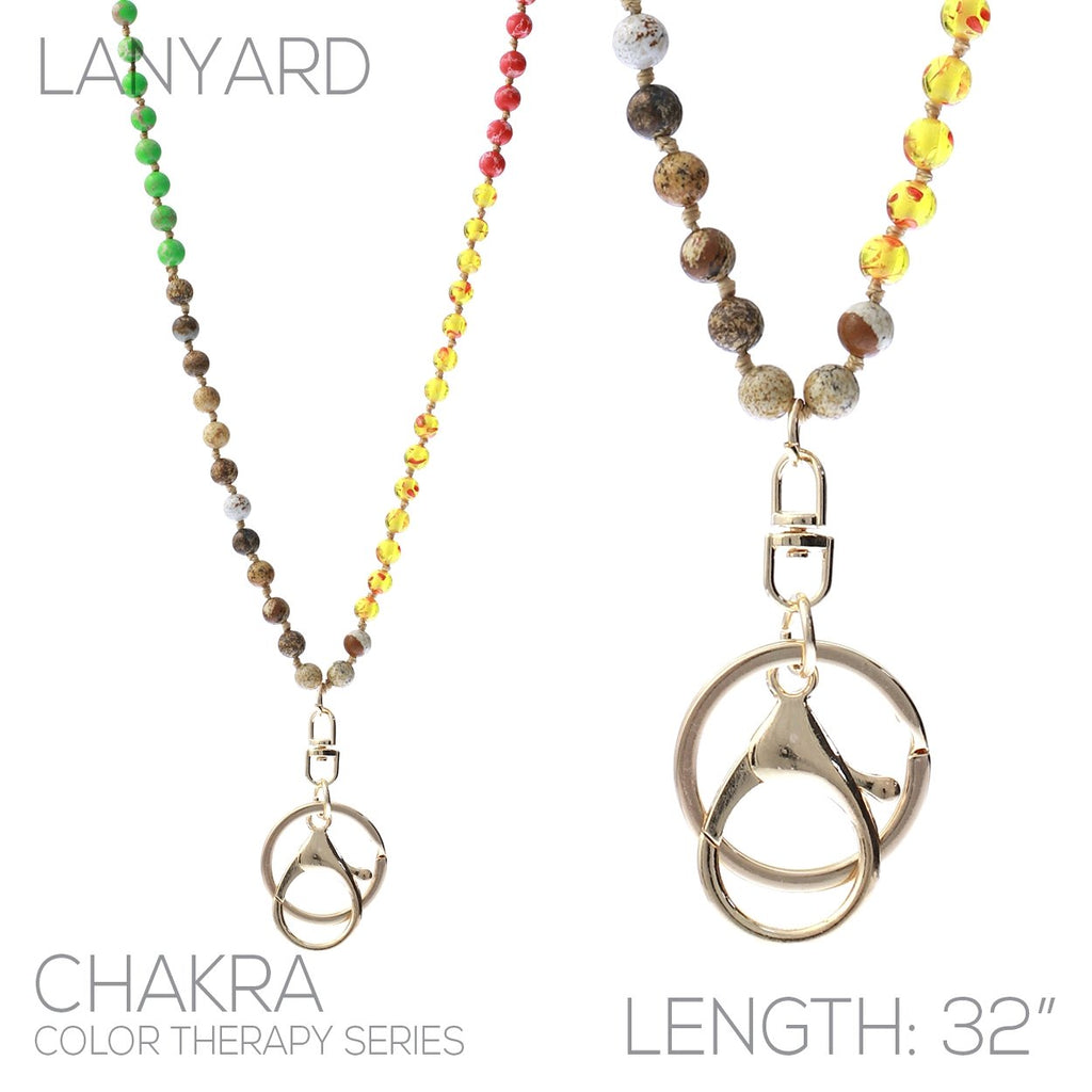 Knotted 6mm Natural Semi Precious Stone Chakra Bead Strand ID Badge Lanyard Necklace Keyring Facemask Eyeglass Holder, 32" (Rainbow Natural Stone Gold Tone)