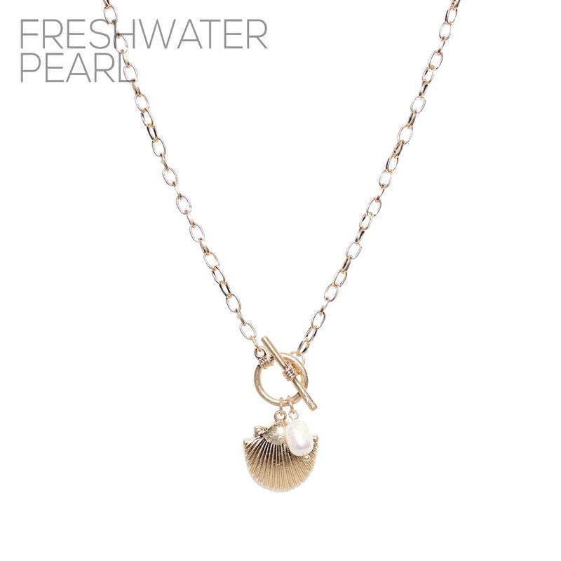 Stunning Gold Tone Rolo Link Chain With Seashell And Pearl Charm Toggle Clasp Collar Necklace, 18"