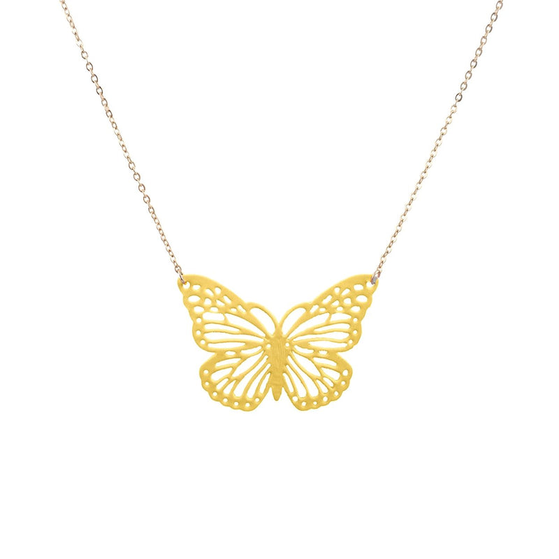 Whimsical Sunshine Yellow Coated Textured Metal Cutout Butterfly Necklace, 14"-17" with 3" Extender