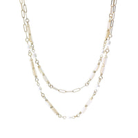 Dainty Polished Gold Tone Oblong Links 2 Strand Multi Chain Necklace With Freshwater Pearls, 16.5"/18"+3" Extension