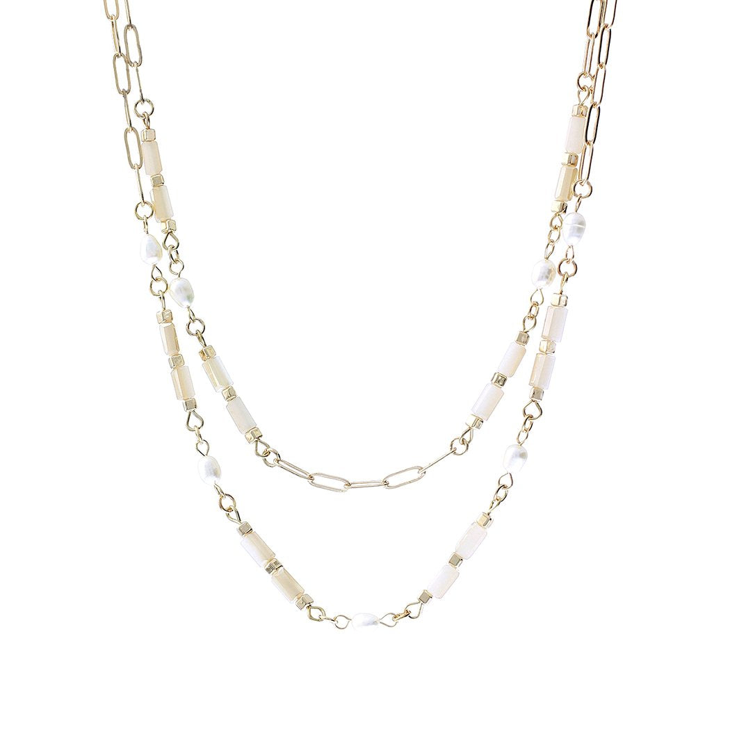 Dainty Polished Gold Tone Oblong Links 2 Strand Multi Chain Necklace With Freshwater Pearls, 16.5"/18"+3" Extension